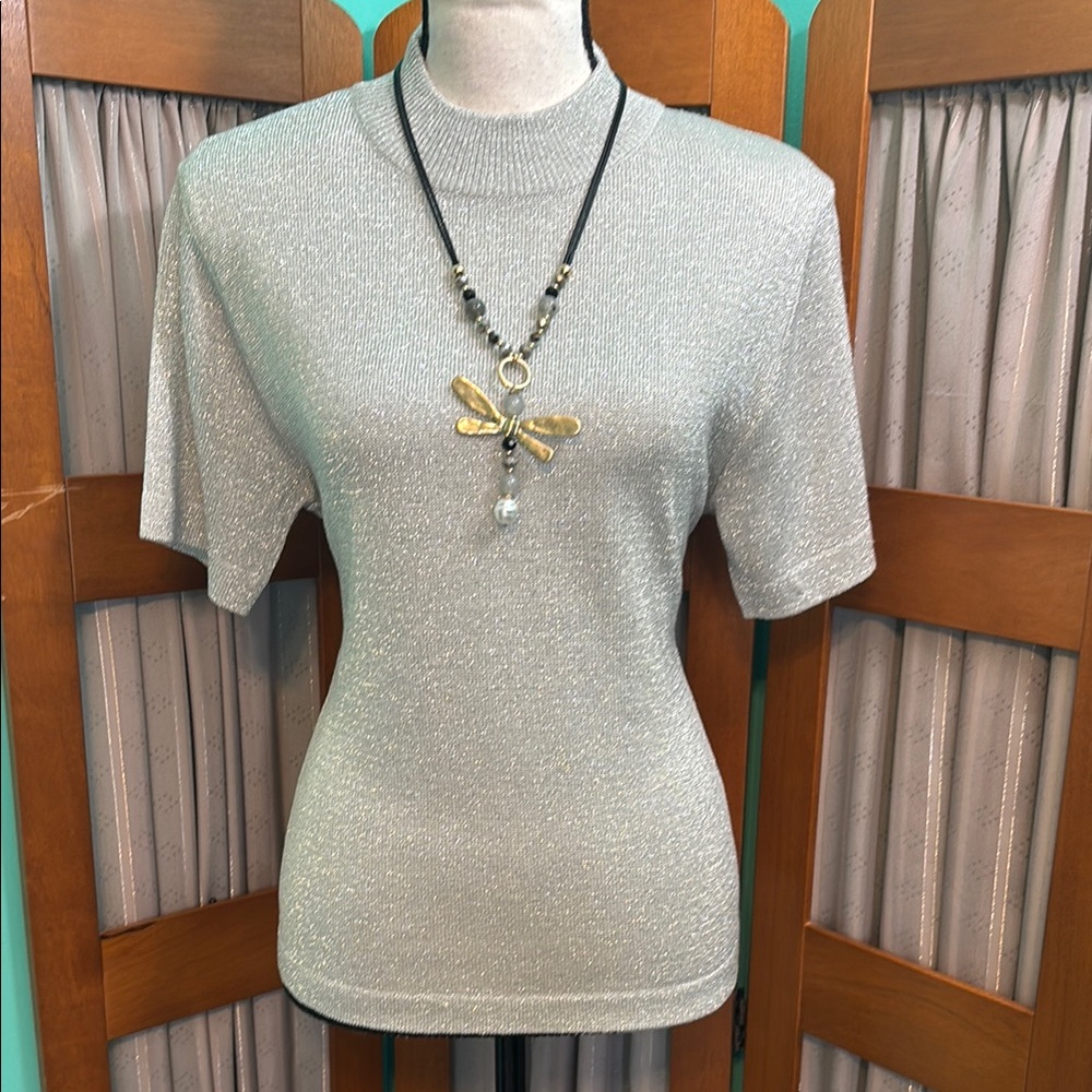 Rochelle California silver sparkle  Fitted Short Sleeve sweater top